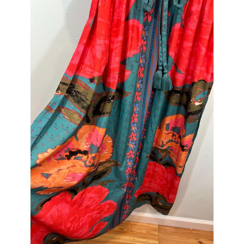 WORLD MARKET Boho Floral Tie Empire Maxi Dress L/XL Satin Tropical Kaftan - Picture 11 of 12